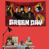 A decorative banner featuring a black and white photo of the Green Day band members against a red background.
