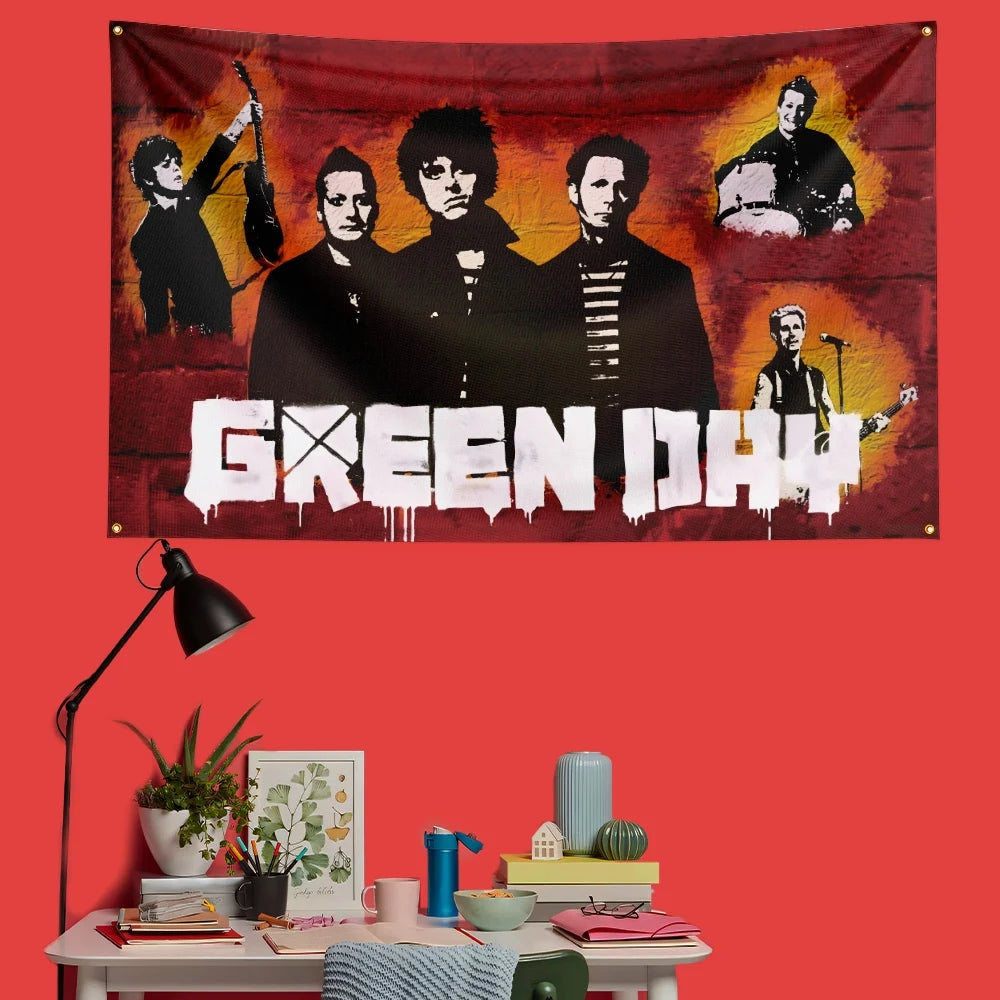 A decorative banner featuring a black and white photo of the Green Day band members against a red background.