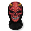 A black mesh hood featuring a detailed red skeleton face mask with horns and teeth.