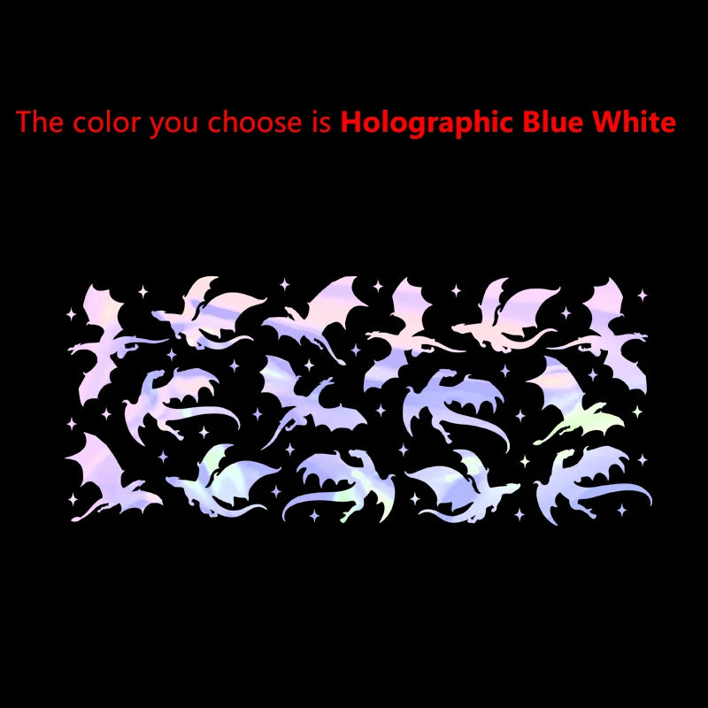 A collection of spooky bat silhouettes in holographic blue white color.