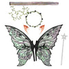A set of sparkling fairy wings, a wand, and a floral crown with delicate green foliage.