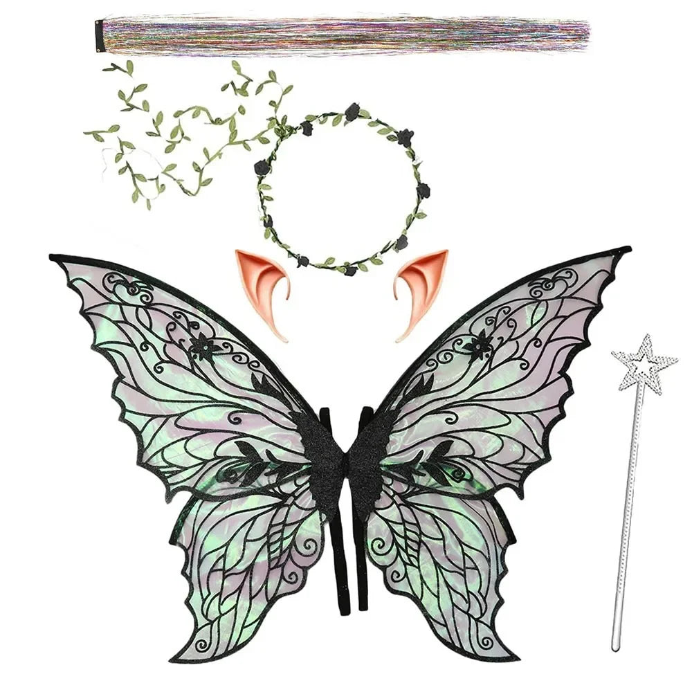 A set of sparkling fairy wings, a wand, and a floral crown with delicate green foliage.