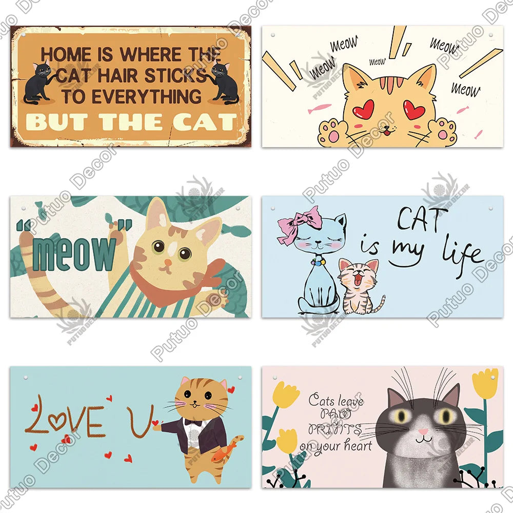 A collection of nine wooden wall plaques featuring cats and text such as Home is where the cat hair sticks to everything and 