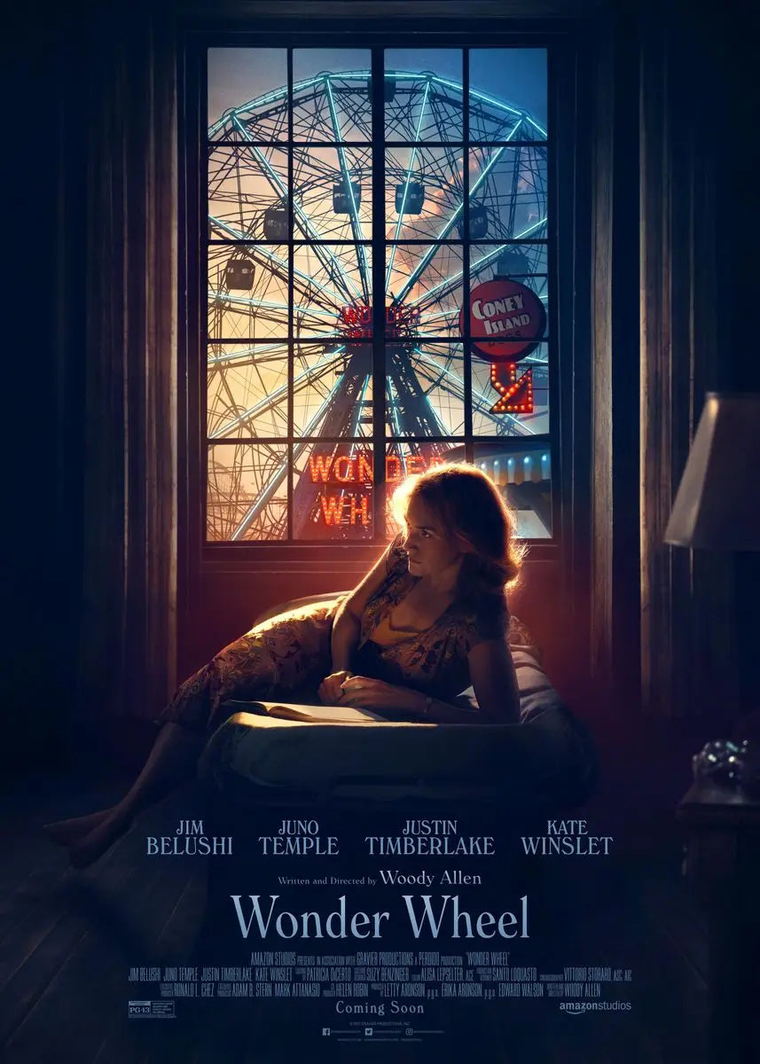 A dramatic movie poster featuring a woman looking through a large window at a Ferris wheel, set in a dark room.