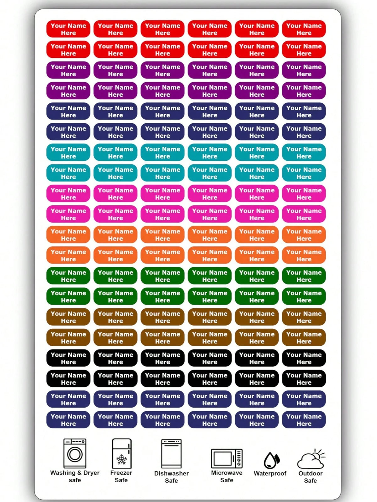 A display of waterproof customizable name tags in various colors and styles.