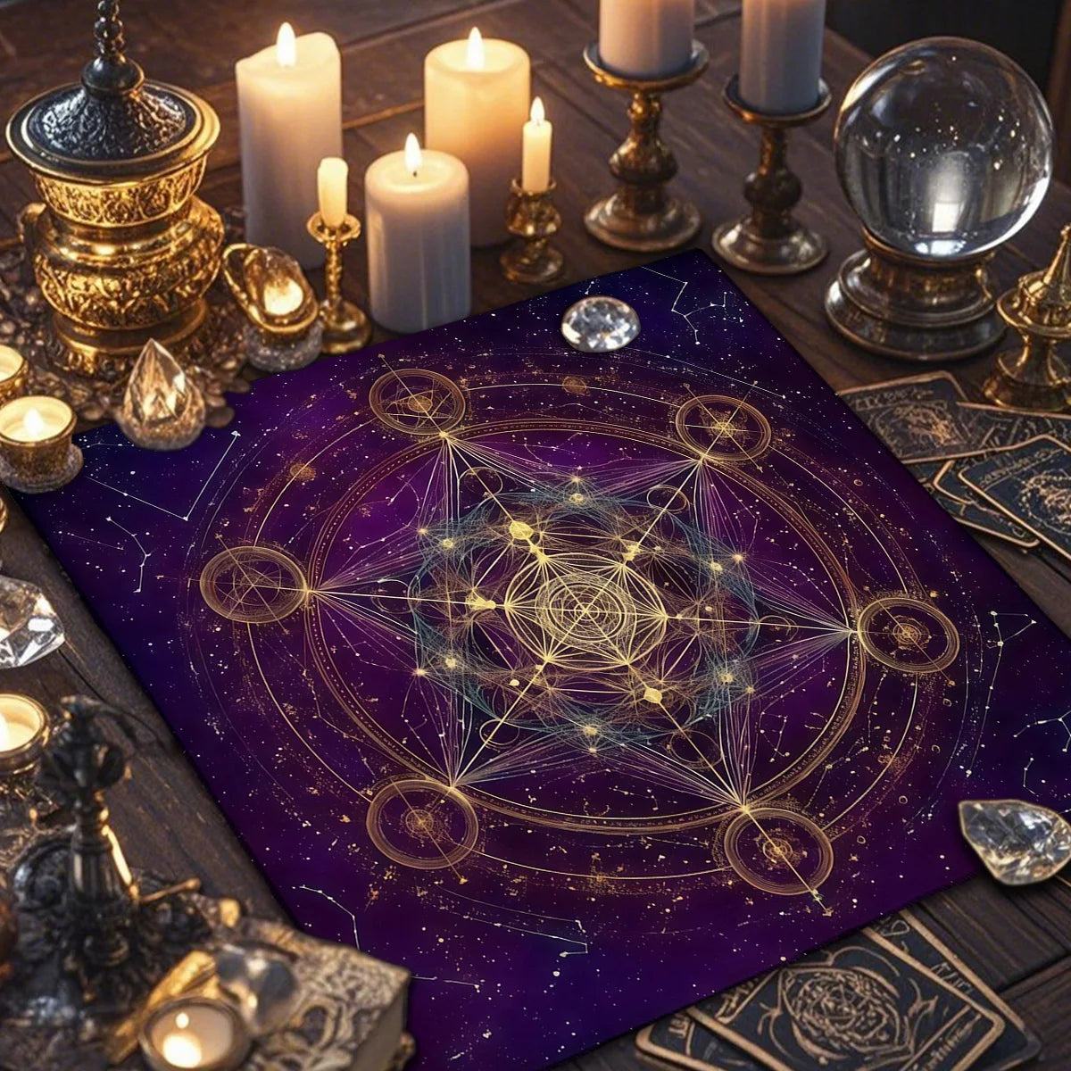 A purple altar cloth featuring intricate golden sacred geometry patterns and various divination tools.