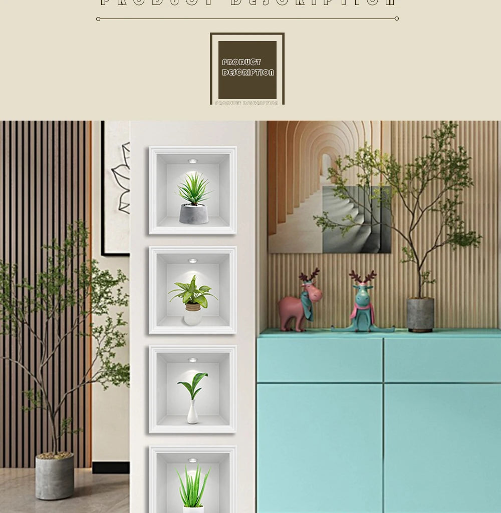 Présentation de plantes en pot et figurines d'animaux sur une étagère de meuble bleu clair.