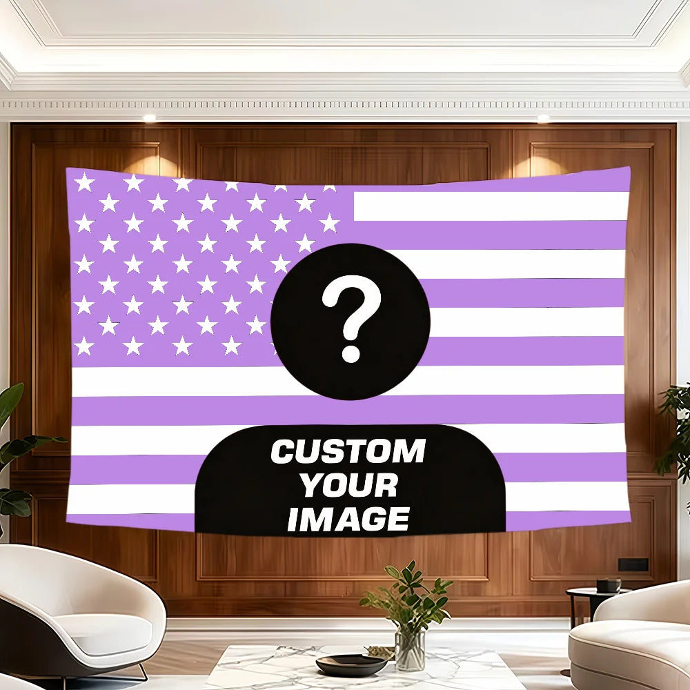 A purple and white striped tapestry featuring a distressed American flag design with a question mark in the center.