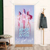 A vertical photo backdrop featuring two female figures in K-pop demon hunter style against a light blue background.