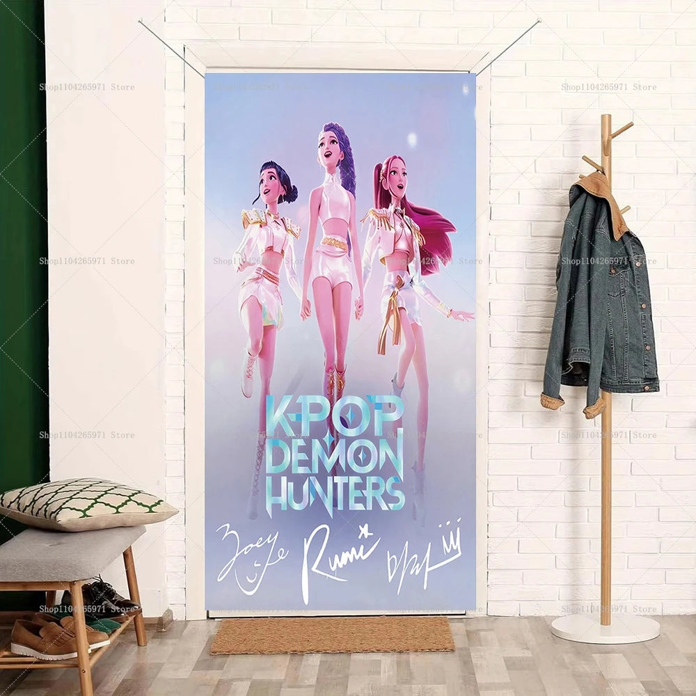 A vertical photo backdrop featuring two female figures in K-pop demon hunter style against a light blue background.