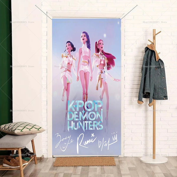 A vertical photo backdrop featuring two female figures in K-pop demon hunter style against a light blue background.