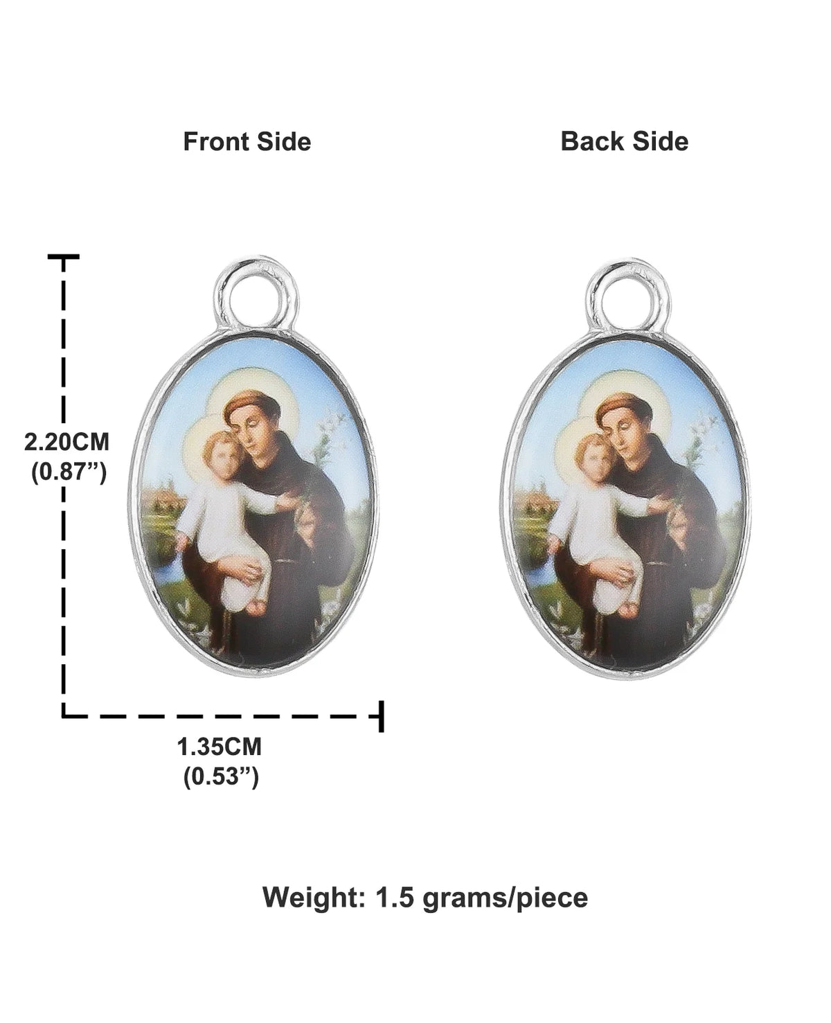 Face et dos d'un pendentif chrétien de Saint-Michel et de l'Enfant, argenté et de la Miséricorde Divine.