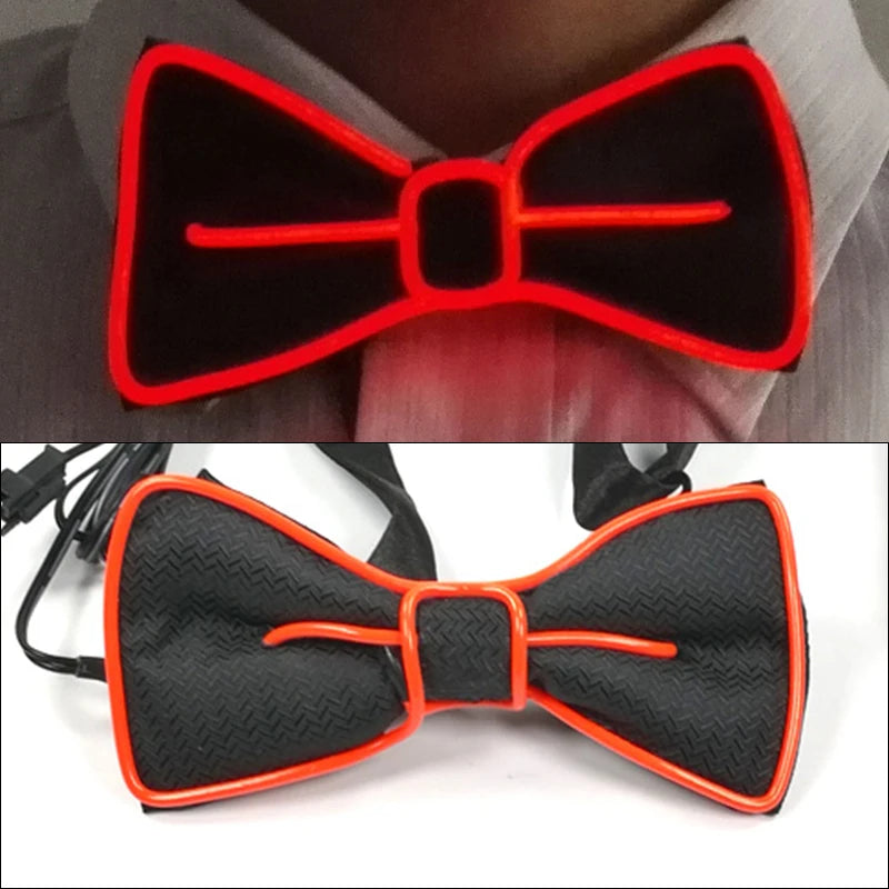 A black bow tie with orange trim and an EL wire light feature.