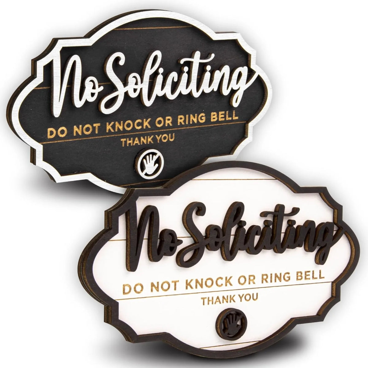 A set of two wooden no soliciting signs with the text No Soliciting Do Not Knock or Ring Bell Thank You