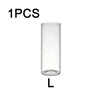 One clear glass candle holder with a cylindrical shape.