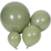A cluster of smooth, matte olive green latex balloons.