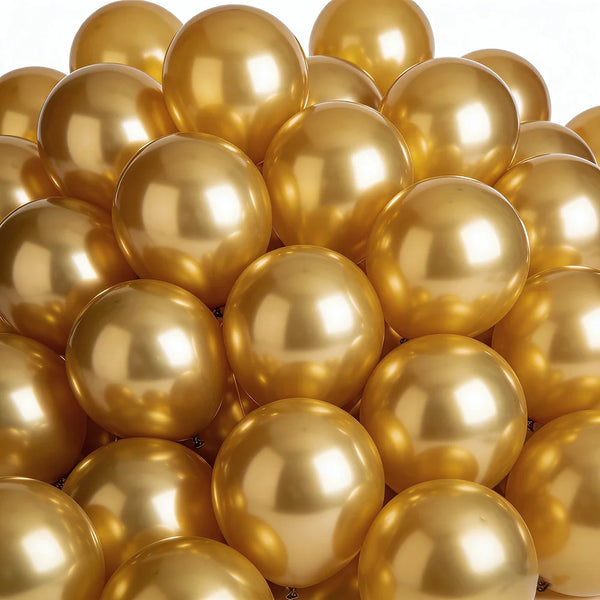 A close-up view of a set of shiny gold chrome metallic balloons.