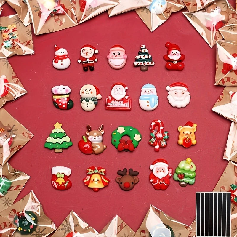 Assorted Christmas resin fridge magnets featuring Santa, snowman, and tree designs on a red background.