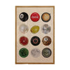 A collage of various round objects including a black ball, Coca-Cola logo, coffee cup, glass marble, and various spherical an