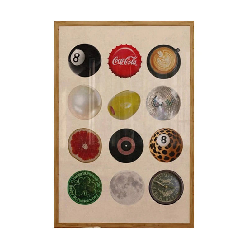A collage of various round objects including a black ball, Coca-Cola logo, coffee cup, glass marble, and various spherical an