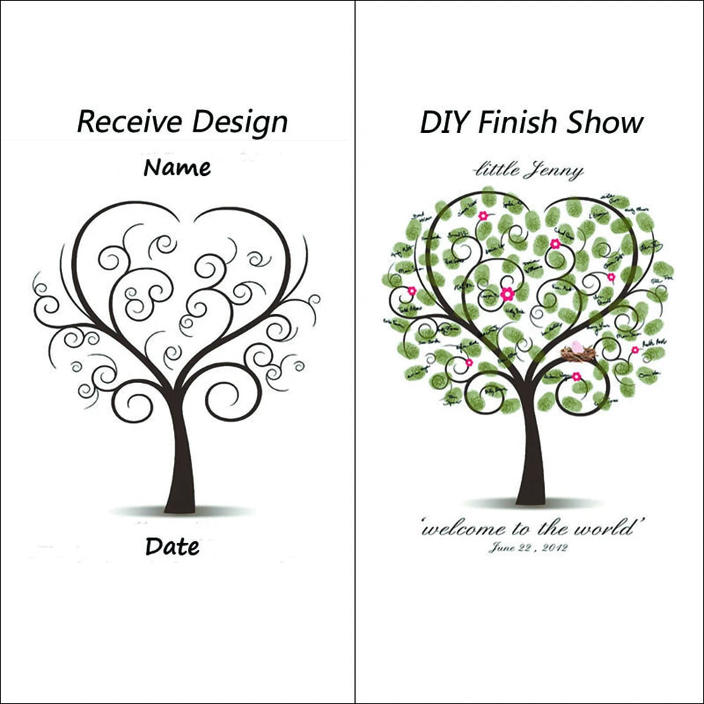 Modèle de design pour Recevoir Design avec une silhouette d'arbre et un fini DIY en forme de cœur.