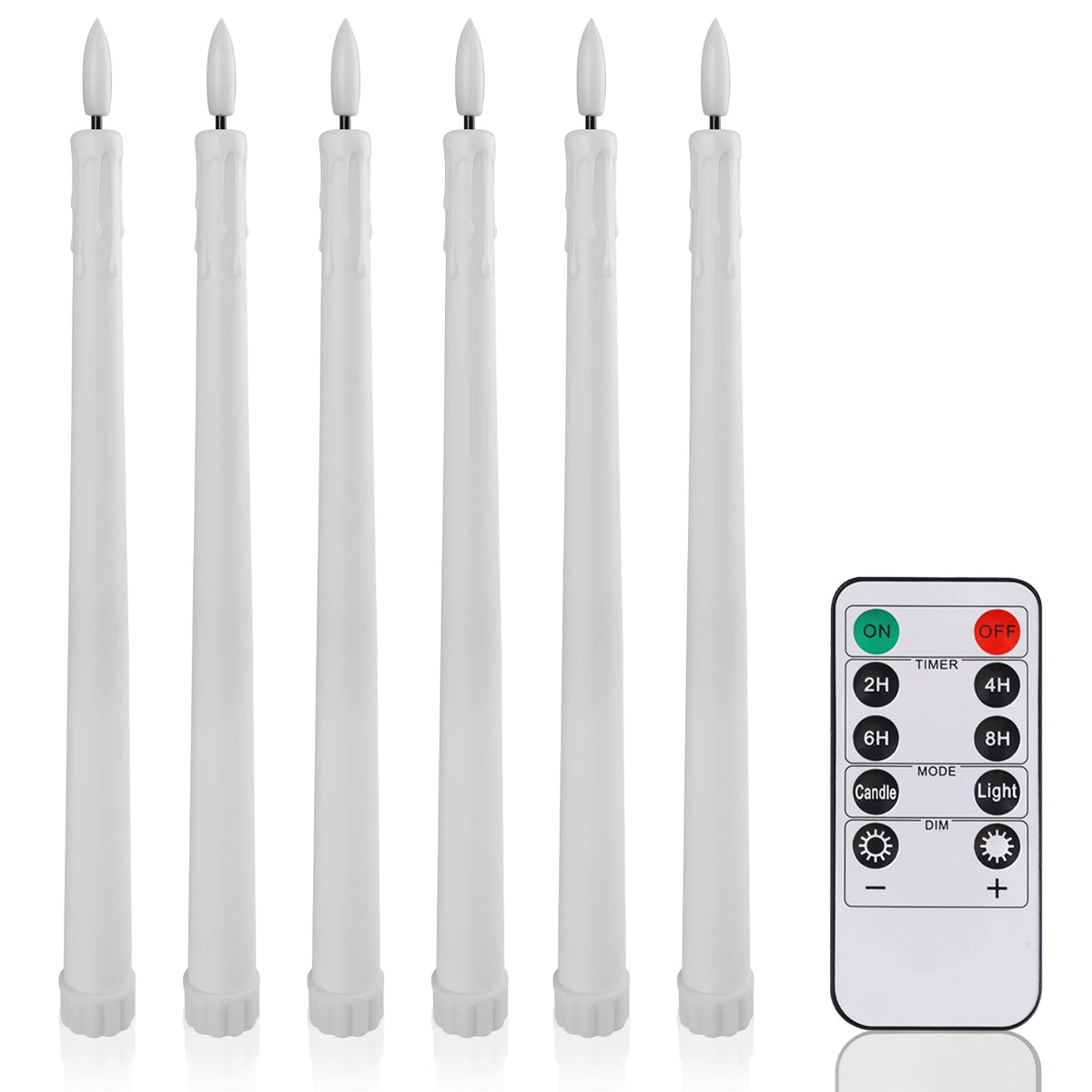 A set of six white flamed taper candles with remote control and timer displayed vertically.