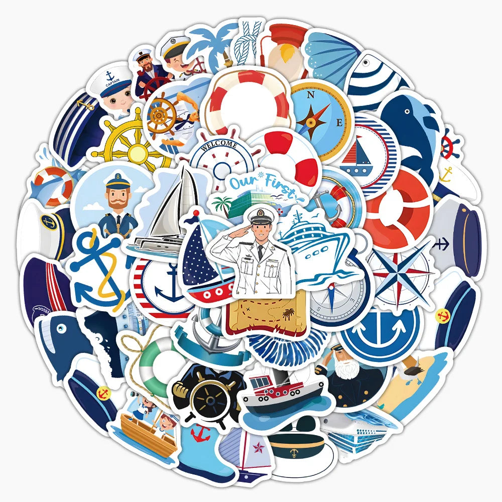 A collection of colorful cartoon stickers featuring sailing themes like ships, anchors, and nautical symbols.