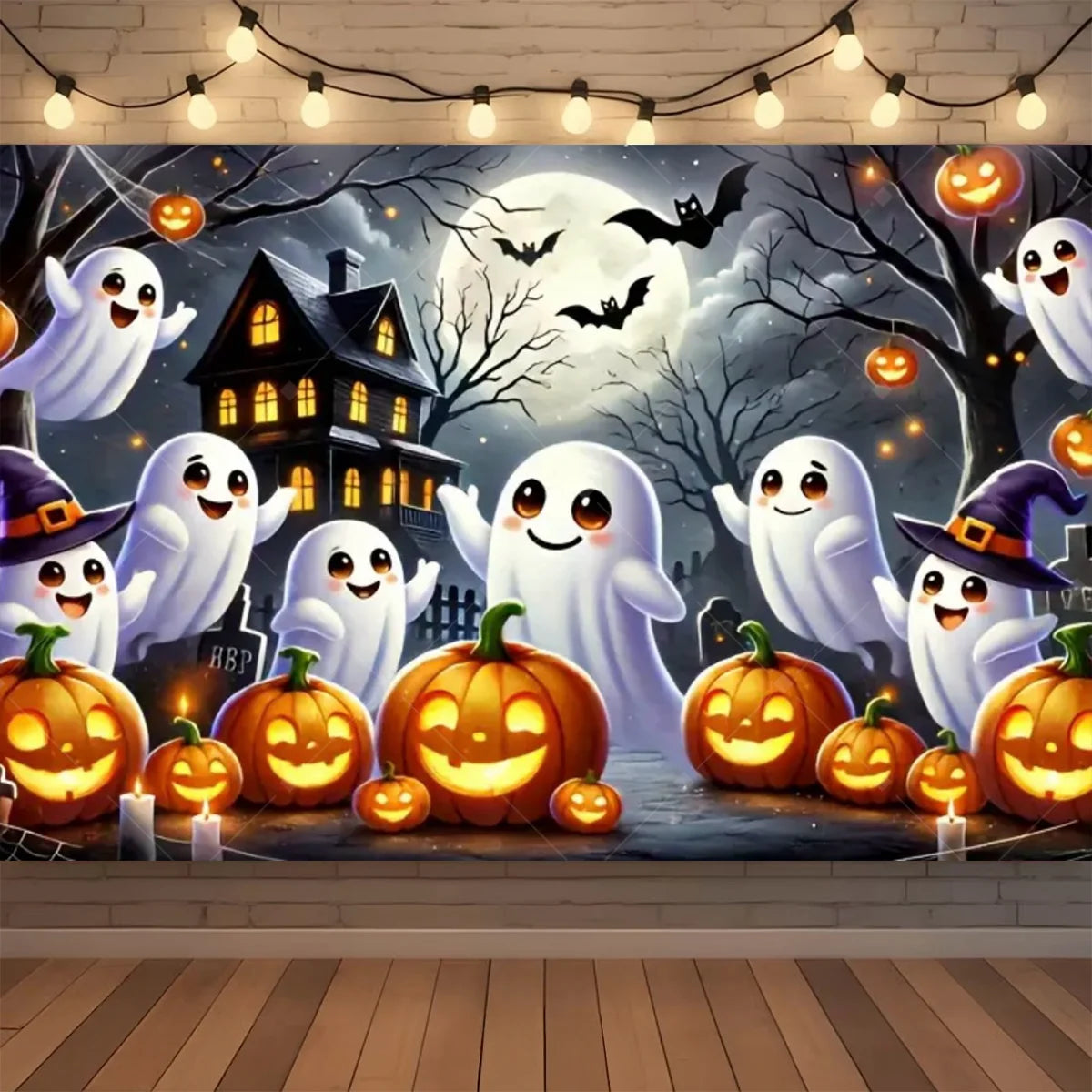 A Halloween neon backdrop featuring white ghosts, bats, and pumpkins against a dark night sky.