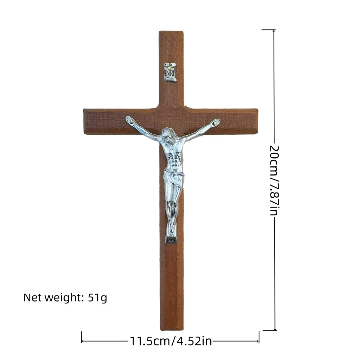 A handcrafted wooden cross wall decor with a silver figure, measuring 11.5cm long and 20cm high.