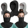 A set of black and gray breathable full head UV protection masks shown on a model's face.