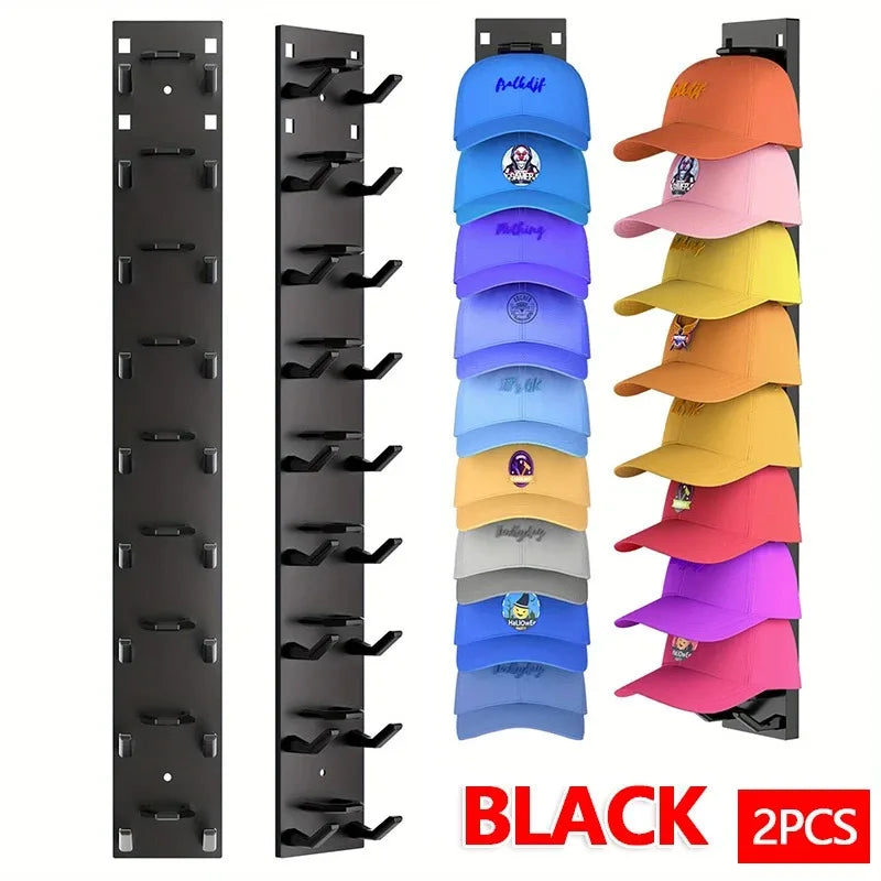 Black wall-mounted organizer rack for baseball hats showing multiple hat slots