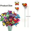 A collection of colorful decorative butterflies attached to thin garden stakes.