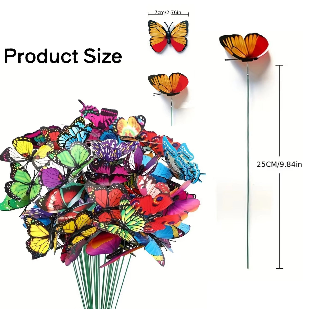 A collection of colorful decorative butterflies attached to thin garden stakes.