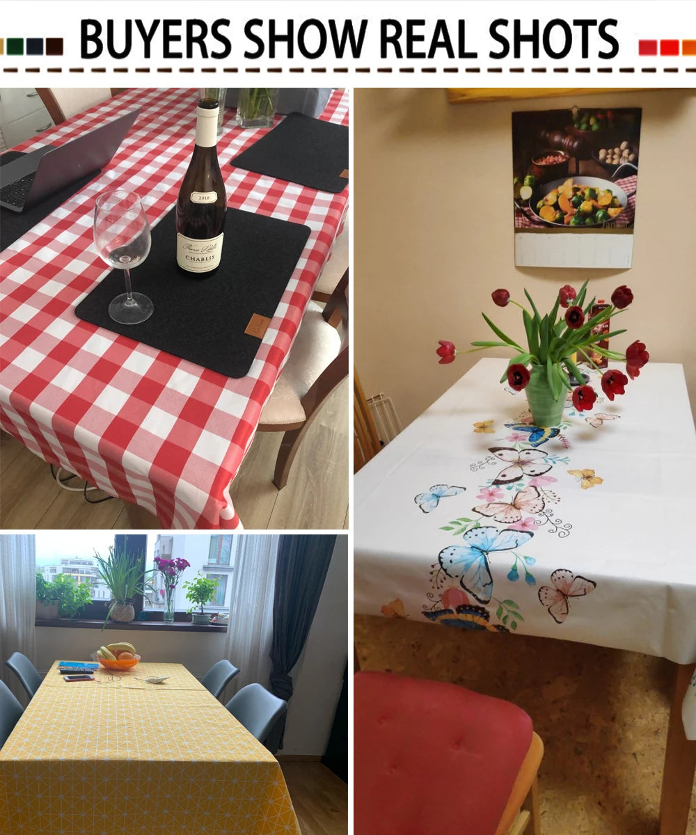 A collection of various fabric tablecloths and decor items, including a red and white checkered cloth, a white linen cloth wi