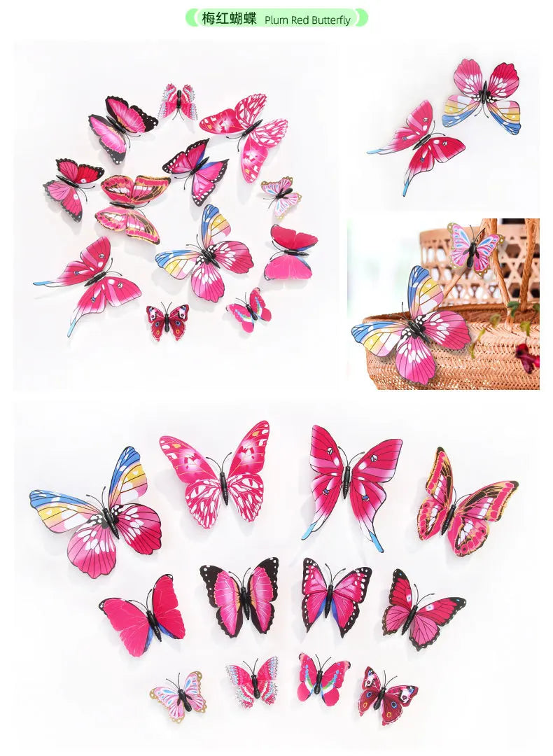A collection of twelve pink and multicolored 3D butterfly wall stickers in various shapes and sizes.