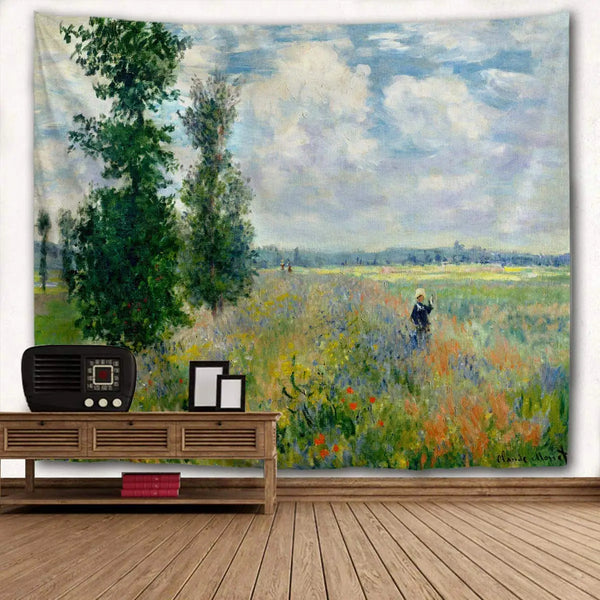 Una pintura de un campo de flores silvestres bajo un cielo nublado.