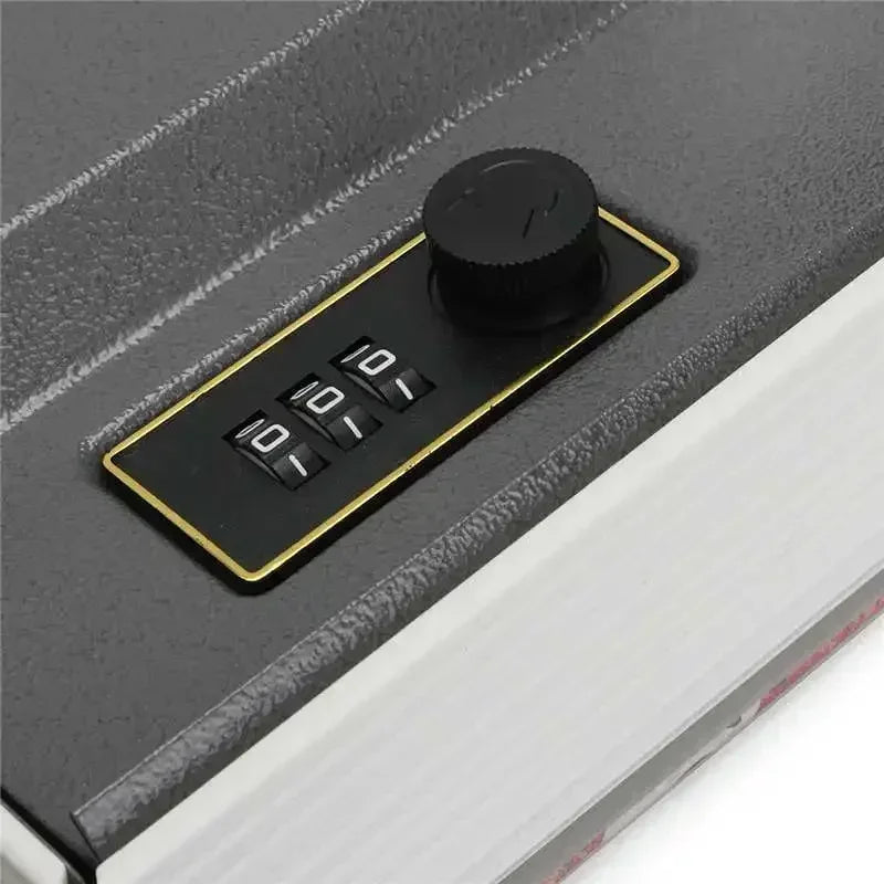 A black combination lock device with a rotating dial and four numbered buttons is shown on a dark surface.