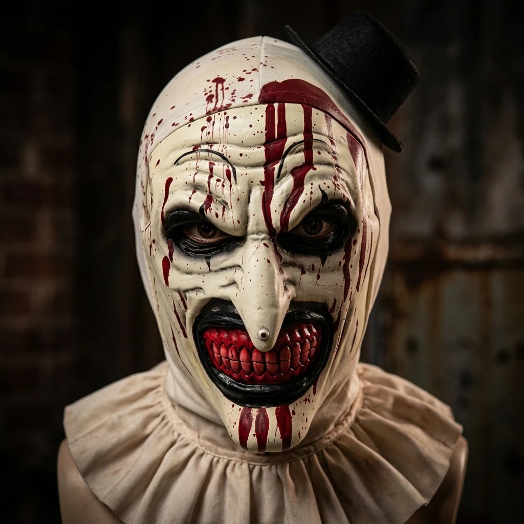 A close-up of a horror clown mask costume with white face paint, red streaks, and a black top hat.