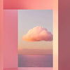Abstract minimalist architecture featuring pink walls framing a view of a sunset cloud over the ocean.