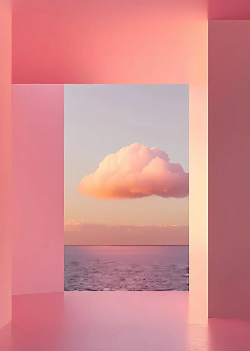Abstract minimalist architecture featuring pink walls framing a view of a sunset cloud over the ocean.