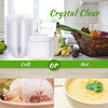 Clear disposable plastic bowls with lids shown next to fresh vegetables and a bowl of soup.