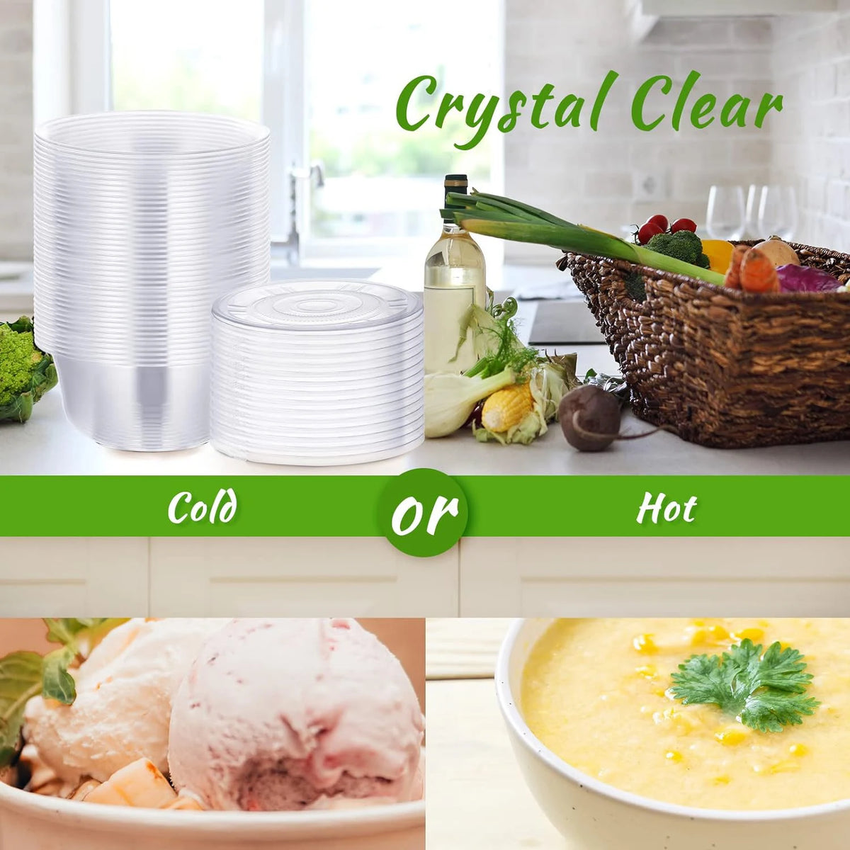 Clear disposable plastic bowls with lids shown next to fresh vegetables and a bowl of soup.