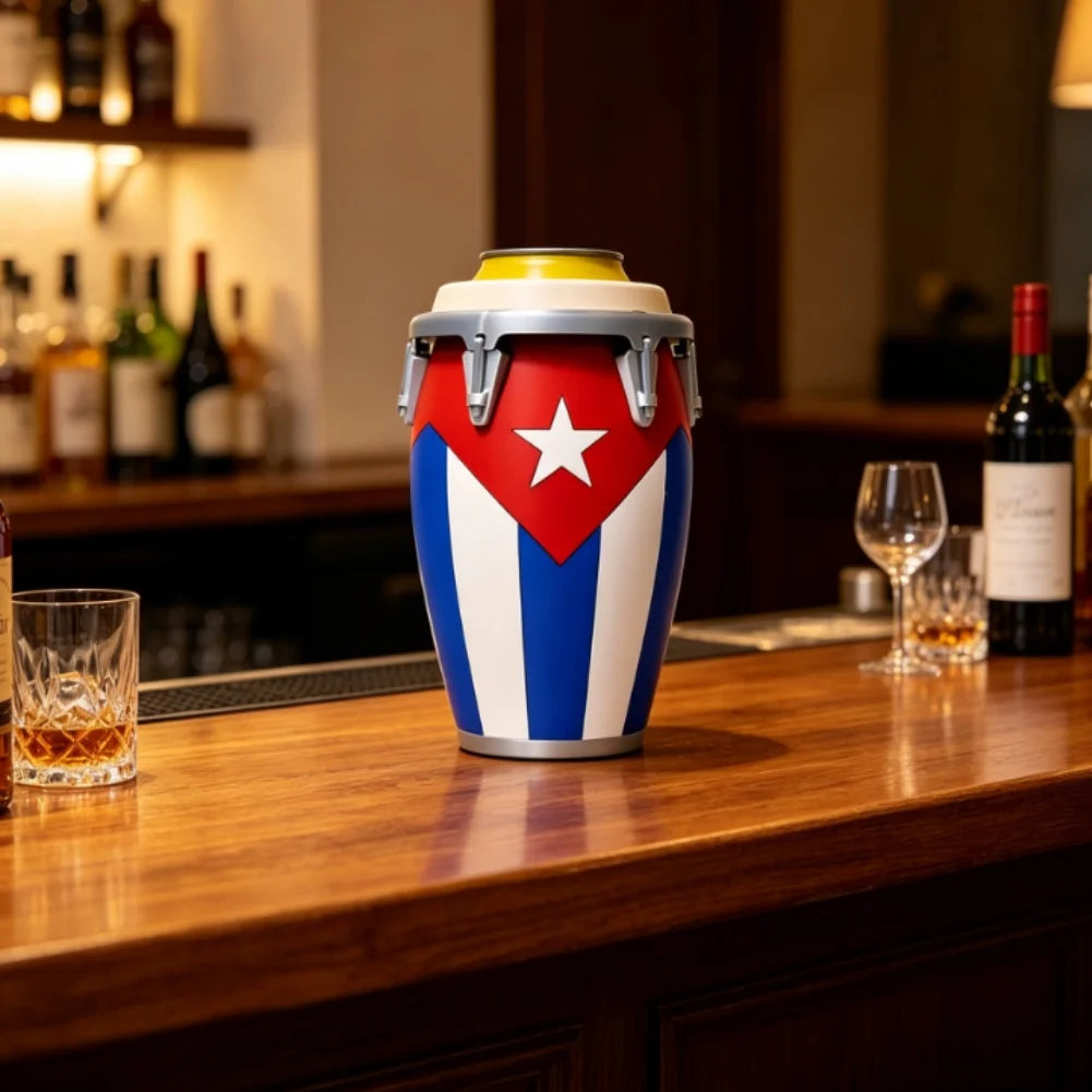 A colorful drum-style can holder with blue and white stripes and a red star is displayed on a wooden bar counter.