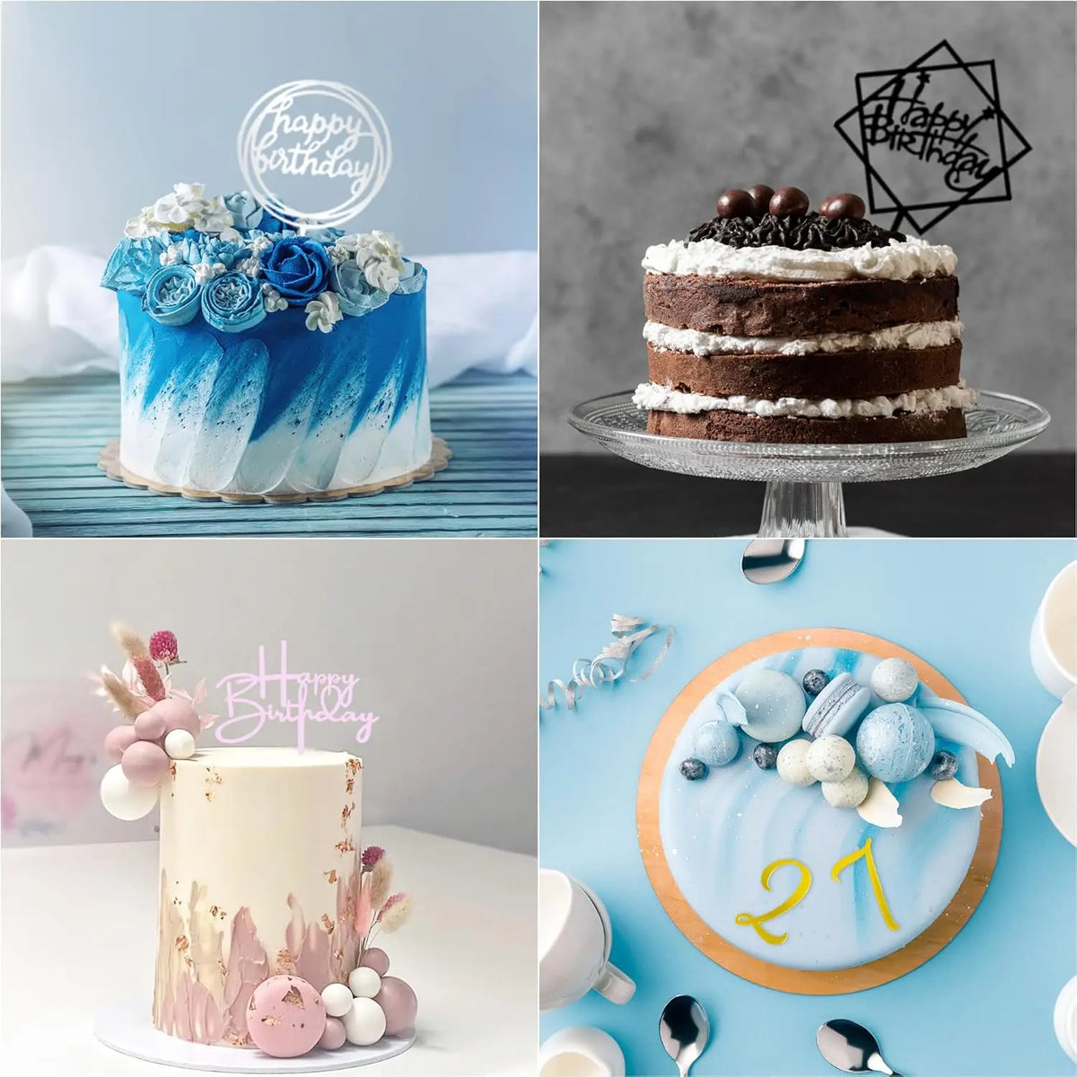 A tiered cake decorated with blue and white frosting and floral accents, set against a light blue background.