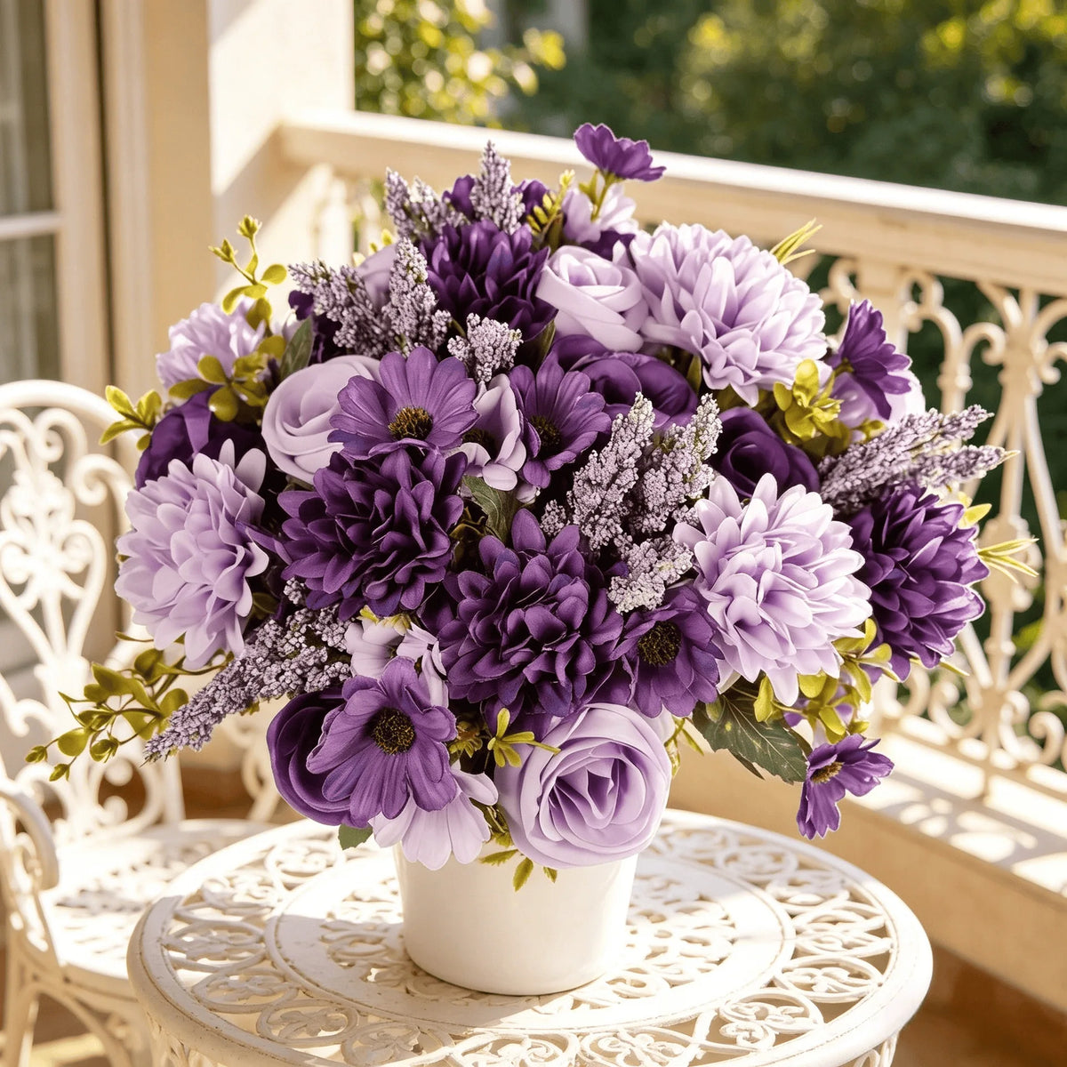 A vibrant bouquet of artificial mixed flowers featuring purple and lavender roses, daisies, and chrysanthemums displayed on a