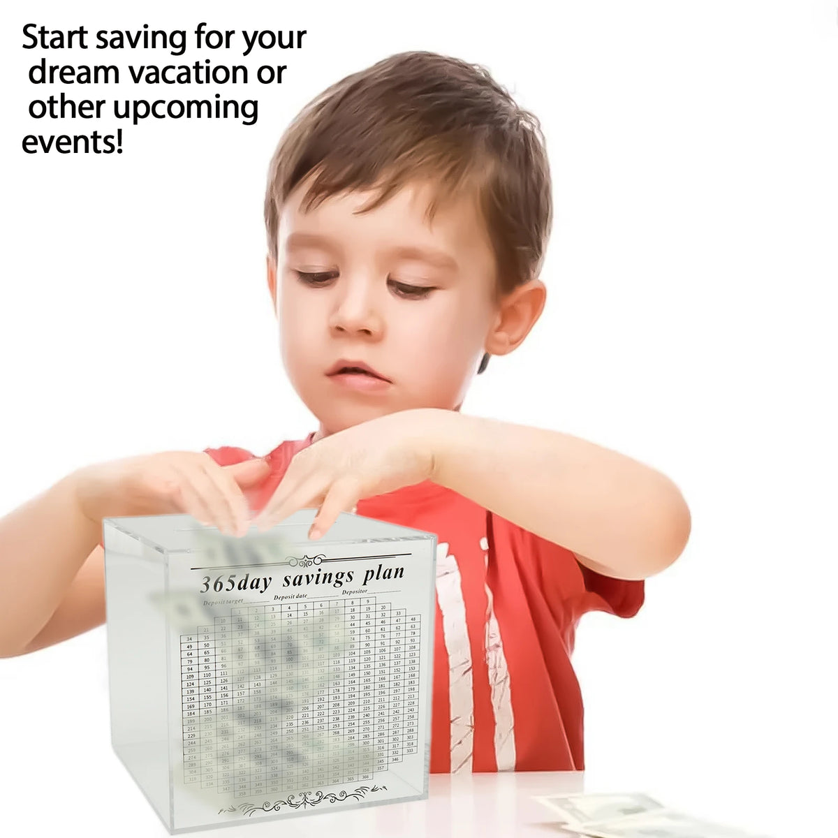 A young boy is looking at a clear acrylic piggy bank labeled with a 365-day savings plan.