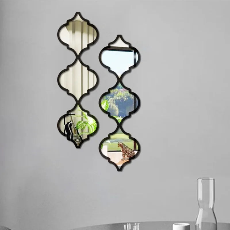 Moroccan acrylic mirror wall stickers featuring decorative, diamond-shaped mirrors on a gray wall.
