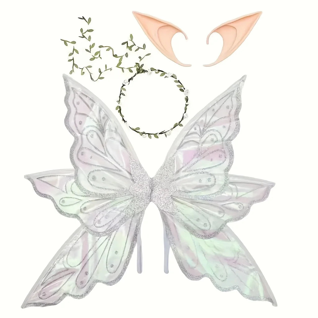 A set of delicate, iridescent butterfly wings and a flower crown for an enchanted fairy costume.