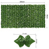 A rectangular panel of artificial green ivy hedge fence covering 200cm by 50cm, shown alongside a close-up of the leaf textur