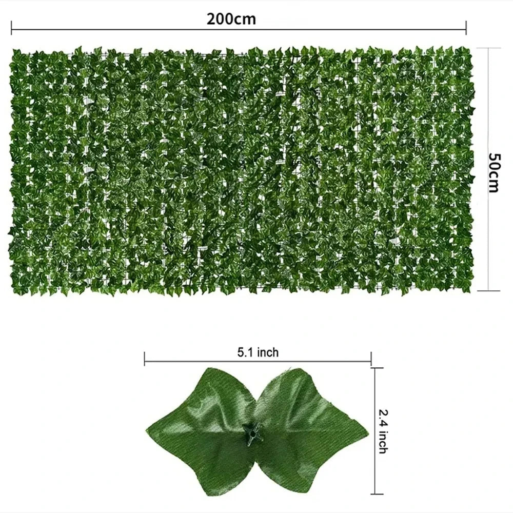 A rectangular panel of artificial green ivy hedge fence covering 200cm by 50cm, shown alongside a close-up of the leaf textur